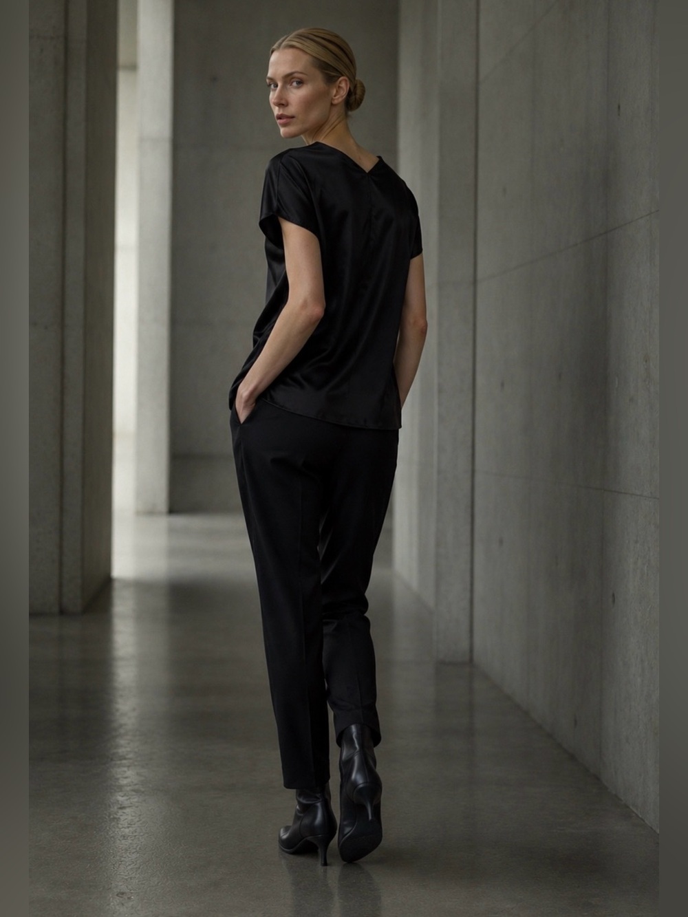 Helmut Lang Black Liquid Satin Tunic Top Minimalist Asymmetric $320 NWT Size 4 - Picture 2 of 6